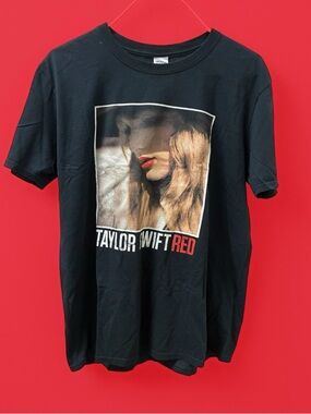 Taylor Swift Black Graphic Concert Tee with Red Text Accent